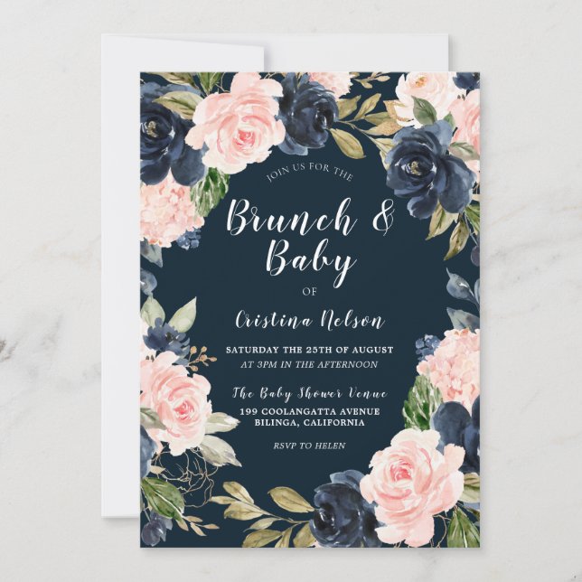 Navy & Blush Floral Wreath Baby Shower Brunch Invitation (Front)