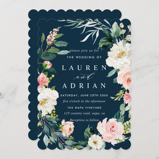 Navy Blush Floral Wreath Wedding Invitation (Front/Back)
