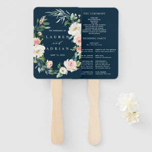 Navy Blush Floral Wreath Wedding Program Hand Fan