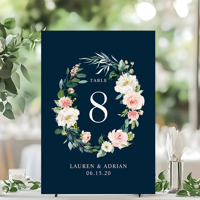 Navy Blush Floral Wreath Wedding Table Number (Creator Uploaded)