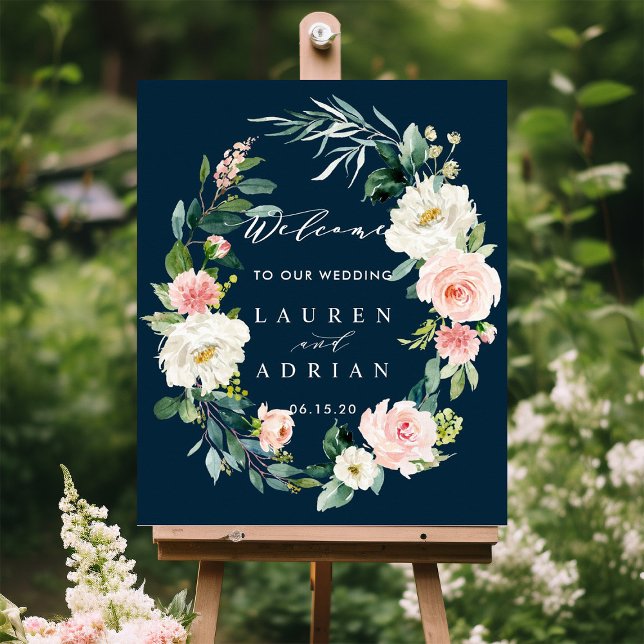 Navy Blush Floral Wreath Wedding Welcome Sign (Creator Uploaded)