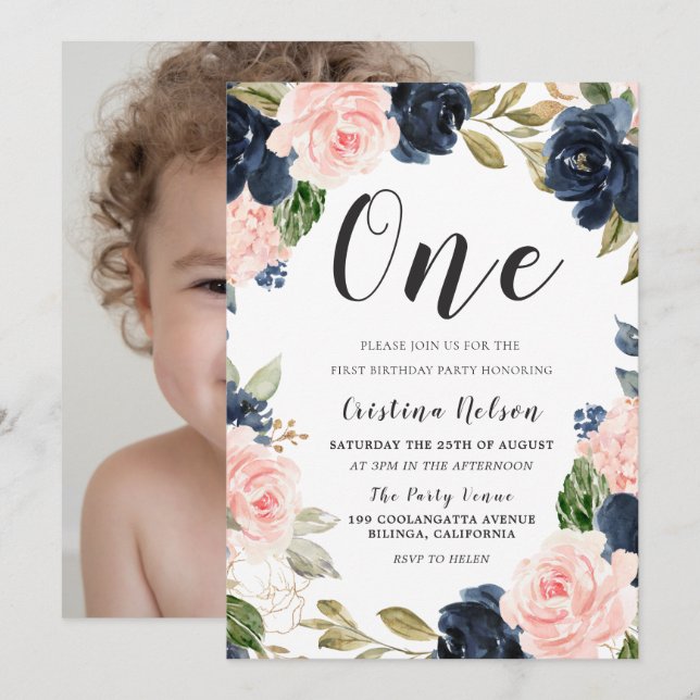 Navy Blush Flowers 1st Birthday Party Boy or Girl Invitation (Front/Back)