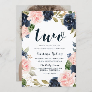 Navy Blush Flowers 2nd Birthday Party Boy or Girl Invitation