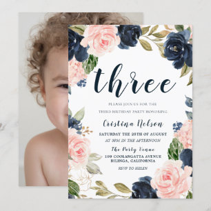 Navy Blush Flowers 3rd Birthday Party Boy or Girl Invitation