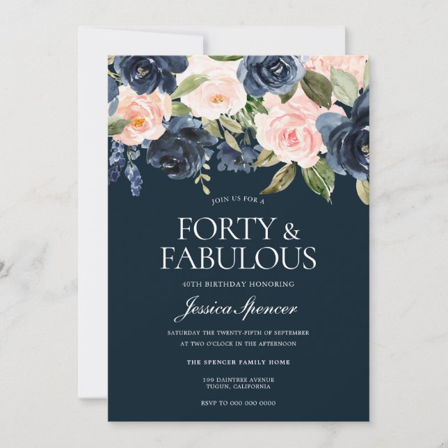 Navy & Blush Flowers 40th Birthday Party Invitation (Front)