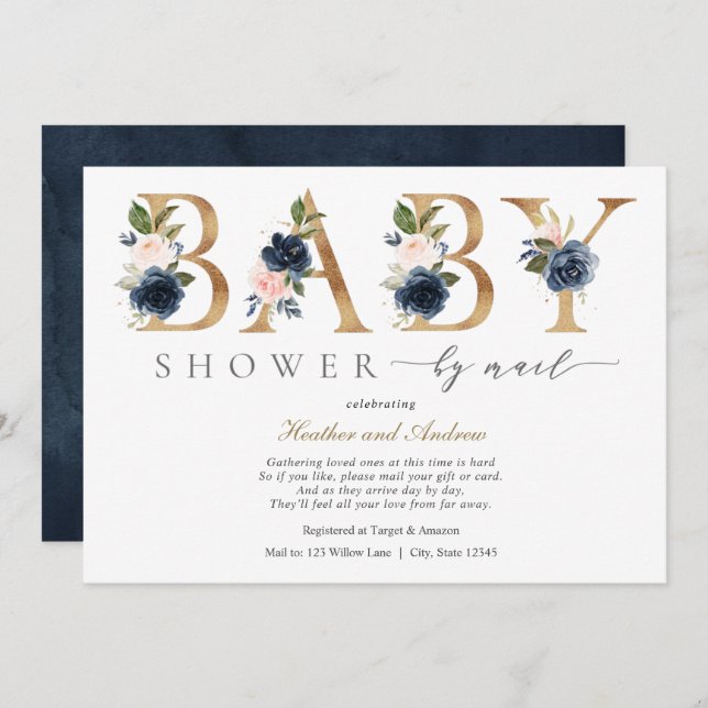 Navy Blush Flowers and Gold Baby Shower by Mail Invitation (Front/Back)