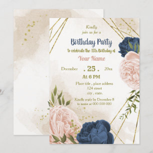 navy blush flowers green leaves birthday invitation