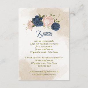 navy blush flowers green leaves enclosure card