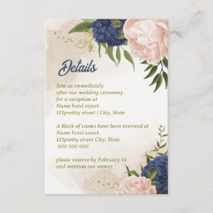 navy blush flowers green leaves enclosure card