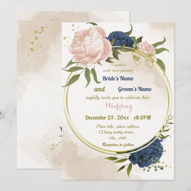 navy blush flowers green leaves geometric wedding invitation (Front/Back)