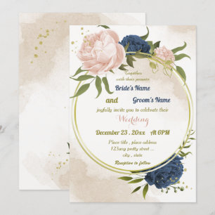 navy blush flowers green leaves geometric wedding invitation