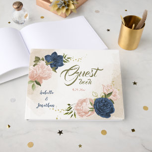 navy blush flowers green leaves guest book