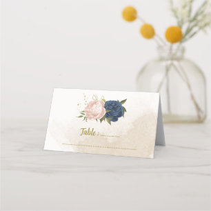 navy blush flowers green leaves place card