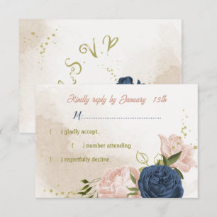 navy blush flowers green leaves RSVP card