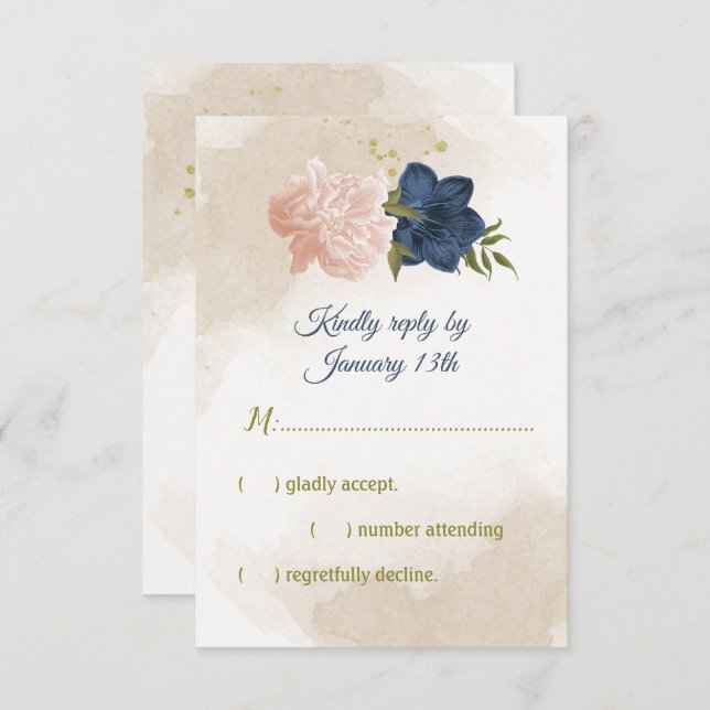navy blush flowers green leaves RSVP card (Front/Back)