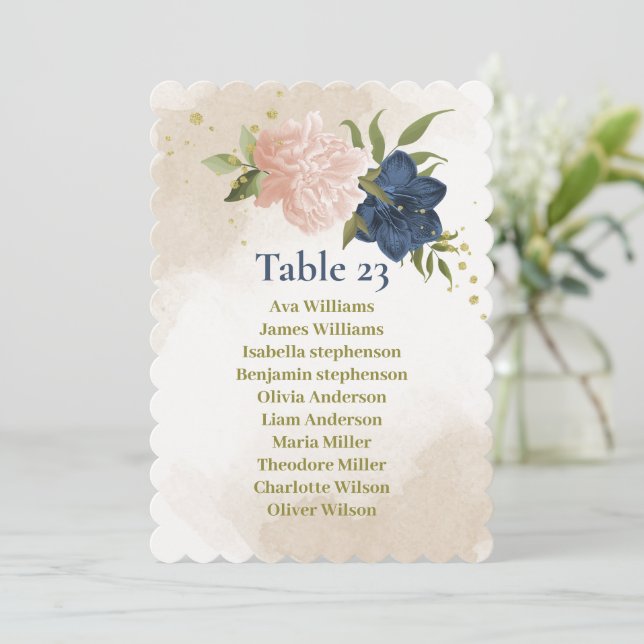 navy blush flowers green leaves seating chart card (Standing Front)