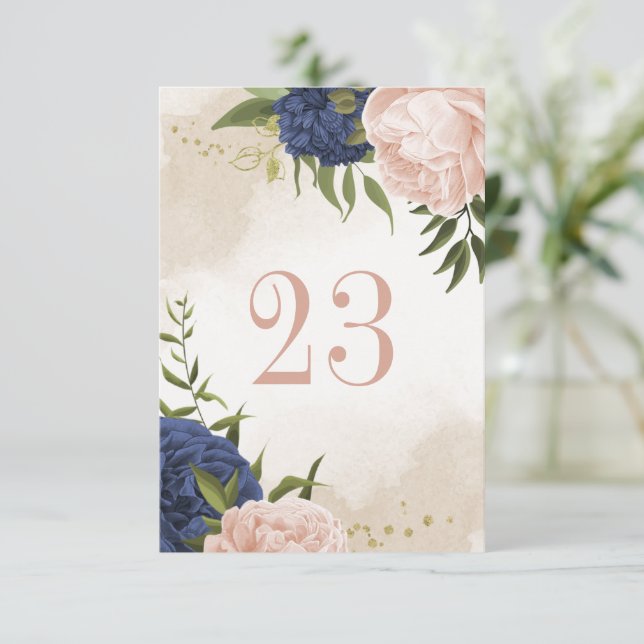navy blush flowers green leaves table number  (Standing Front)