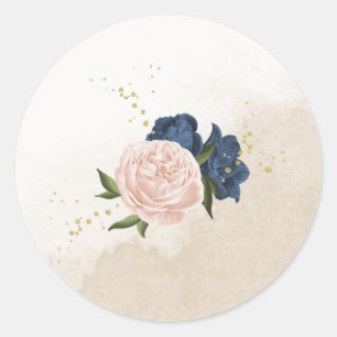 navy blush flowers green leaves wedding classic round sticker
