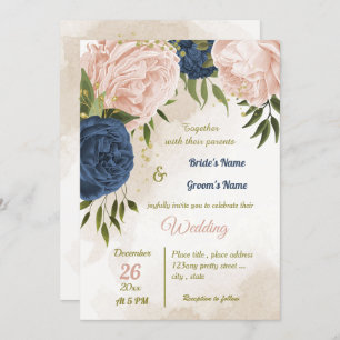 navy blush flowers green leaves wedding invitation