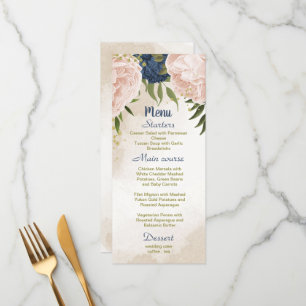 navy blush flowers green leaves wedding menu