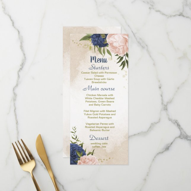 navy blush flowers green leaves wedding menu (Front/Back In Situ)