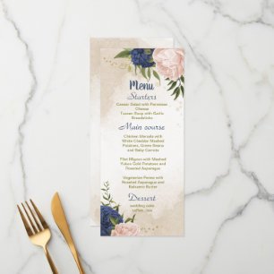 navy blush flowers green leaves wedding menu