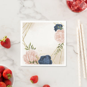 navy blush flowers green leaves wedding napkin