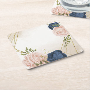 navy blush flowers green leaves wedding square paper coaster