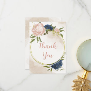navy blush flowers green leaves wedding thank you card