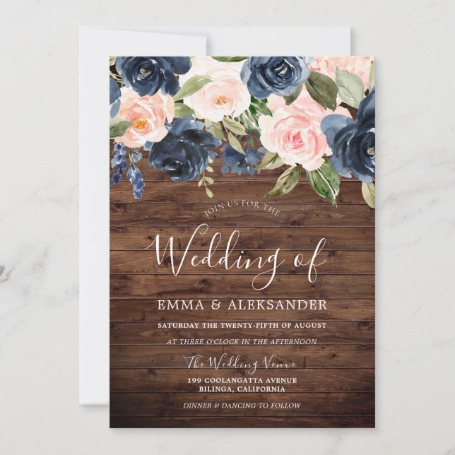 Navy & Blush Flowers Rustic Country Wedding Invitation (Front)