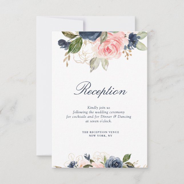 Navy & Blush flowers wedding reception card (Front)