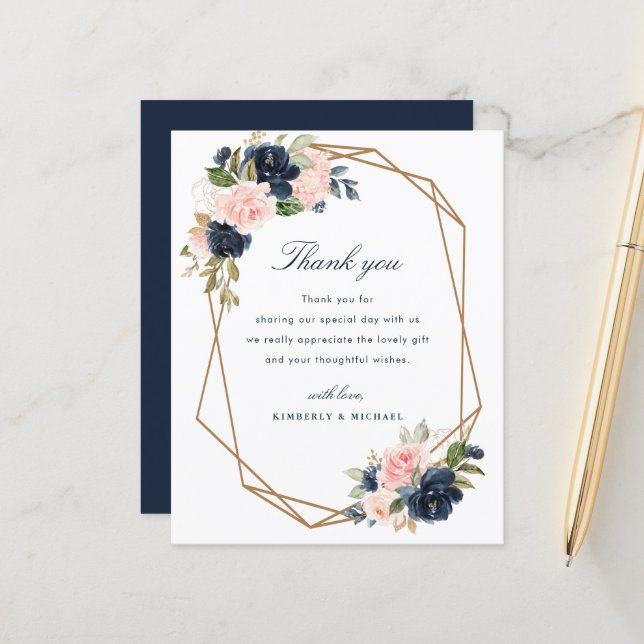 navy blush geometric frame wedding thank you card (Front/Back In Situ)