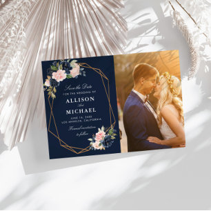 navy & blush geometric save the date photo card