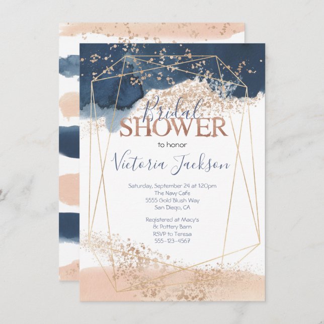 Navy Blush Gold Bridal Shower Invitation (Front/Back)