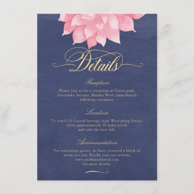 Navy Blush Gold Floral Dahlia Wedding Details Card (Front)