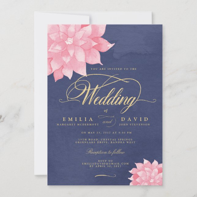 Navy Blush Gold Floral Dahlia Wedding Invitation (Front)