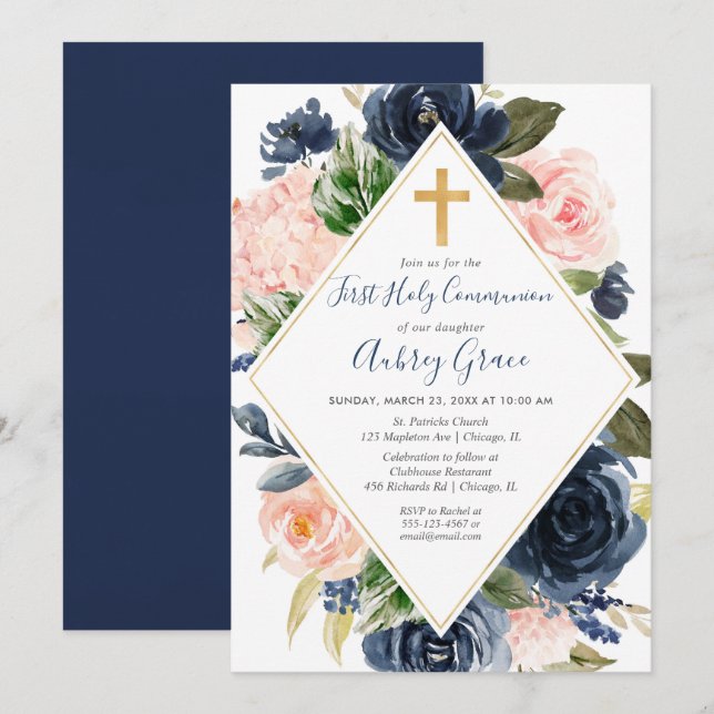 Navy blush gold floral First Holy Communion Invitation (Front/Back)