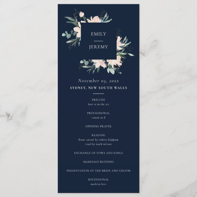 NAVY BLUSH GOLD FLORAL WEDDING CEREMONY PROGRAM MENU (Front)