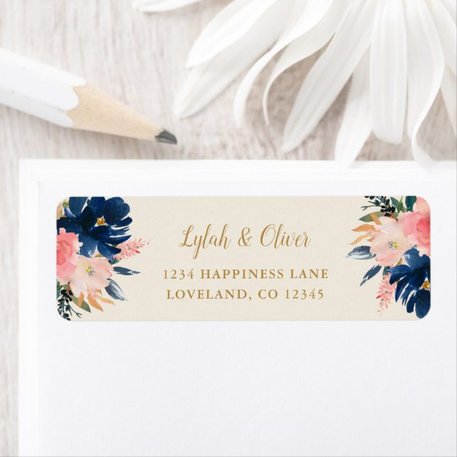 Navy Blush & Gold Floral Wedding Return Address (Insitu)