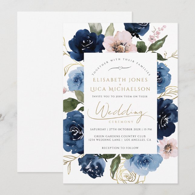 Navy Blush Gold Florals Botanical Blue Wedding  Invitation (Front/Back)