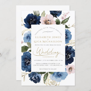 Navy Blush Gold Florals Botanical Blue Wedding Invitation