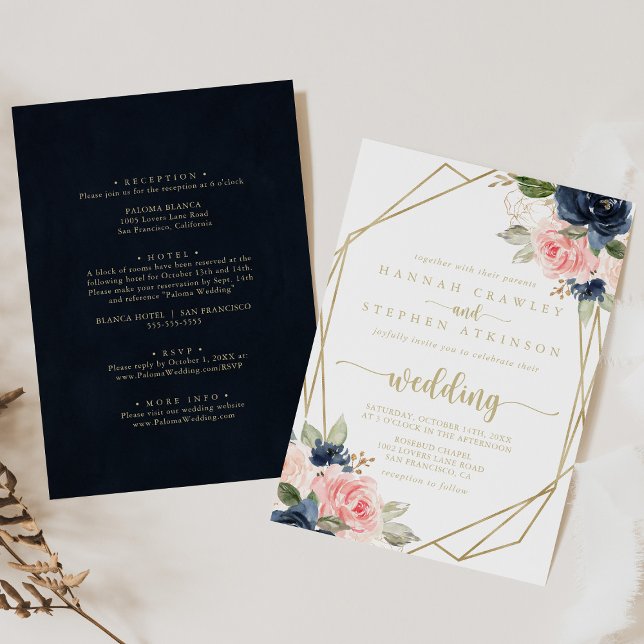Navy Blush Gold Geometric Front & Back Wedding  Invitation (Creator Uploaded)