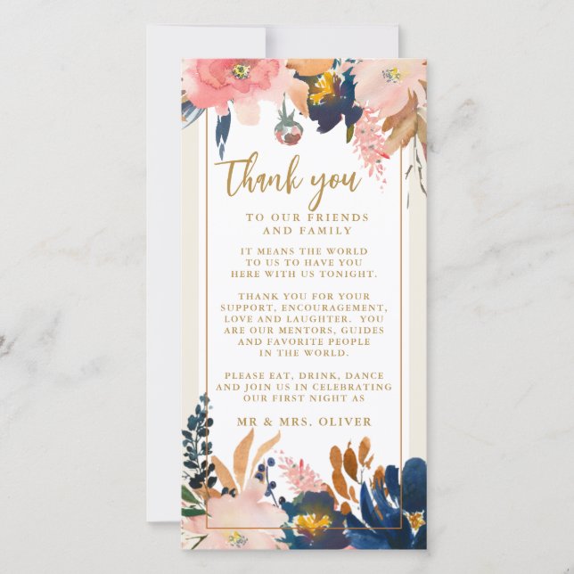 Navy Blush Gold Wedding Reception Table Thank You (Front)