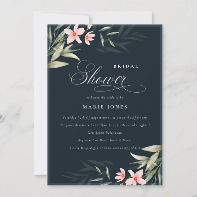 Navy Blush Greenery Floral Bridal Shower Invite (Front)