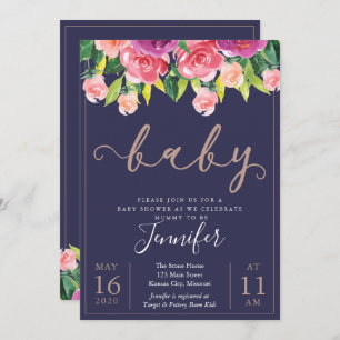 Navy Blush Magenta Floral Baby Shower Invitation