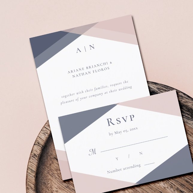 Navy Blush Modern Monogram Geometric Wedding RSVP Invitation (Creator Uploaded)