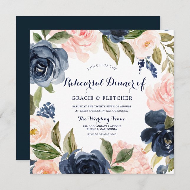 Navy & Blush Modern Wedding Rehearsal Dinner Invitation (Front/Back)