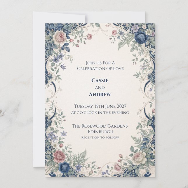 Navy Blush Ornamental Floral Wedding Invitation (Front)