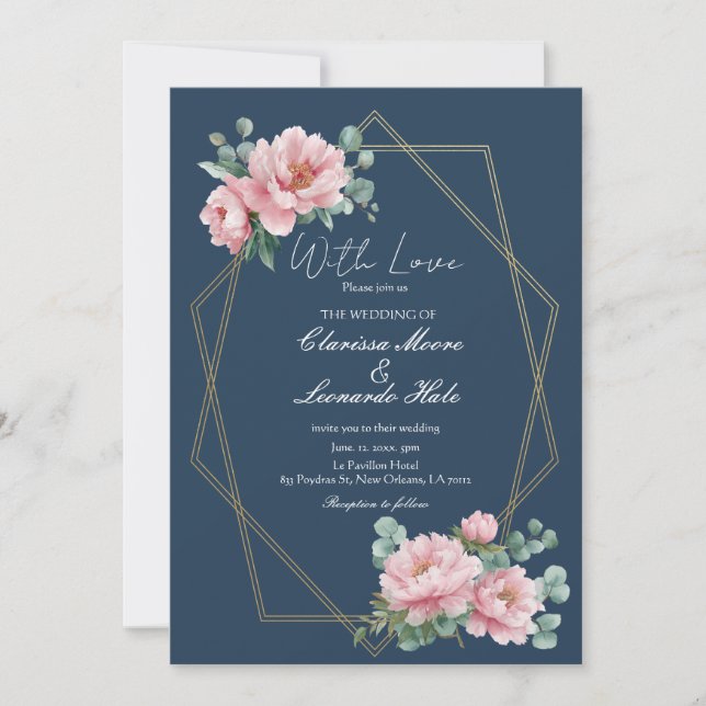 Navy Blush Peony Eucalyptus Wedding Invitation (Front)
