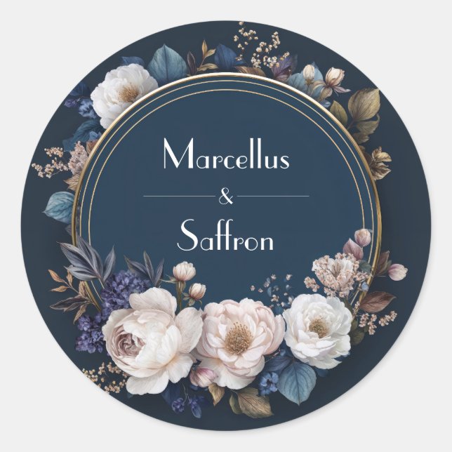 Navy & Blush Peony Floral Round Wedding Sticker (Front)